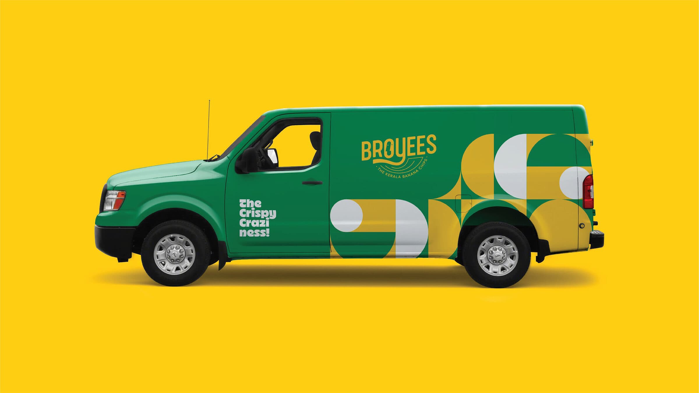 Broyees branded green delivery van with yellow and green geometric pattern panel and The Crispy Craziness tagline