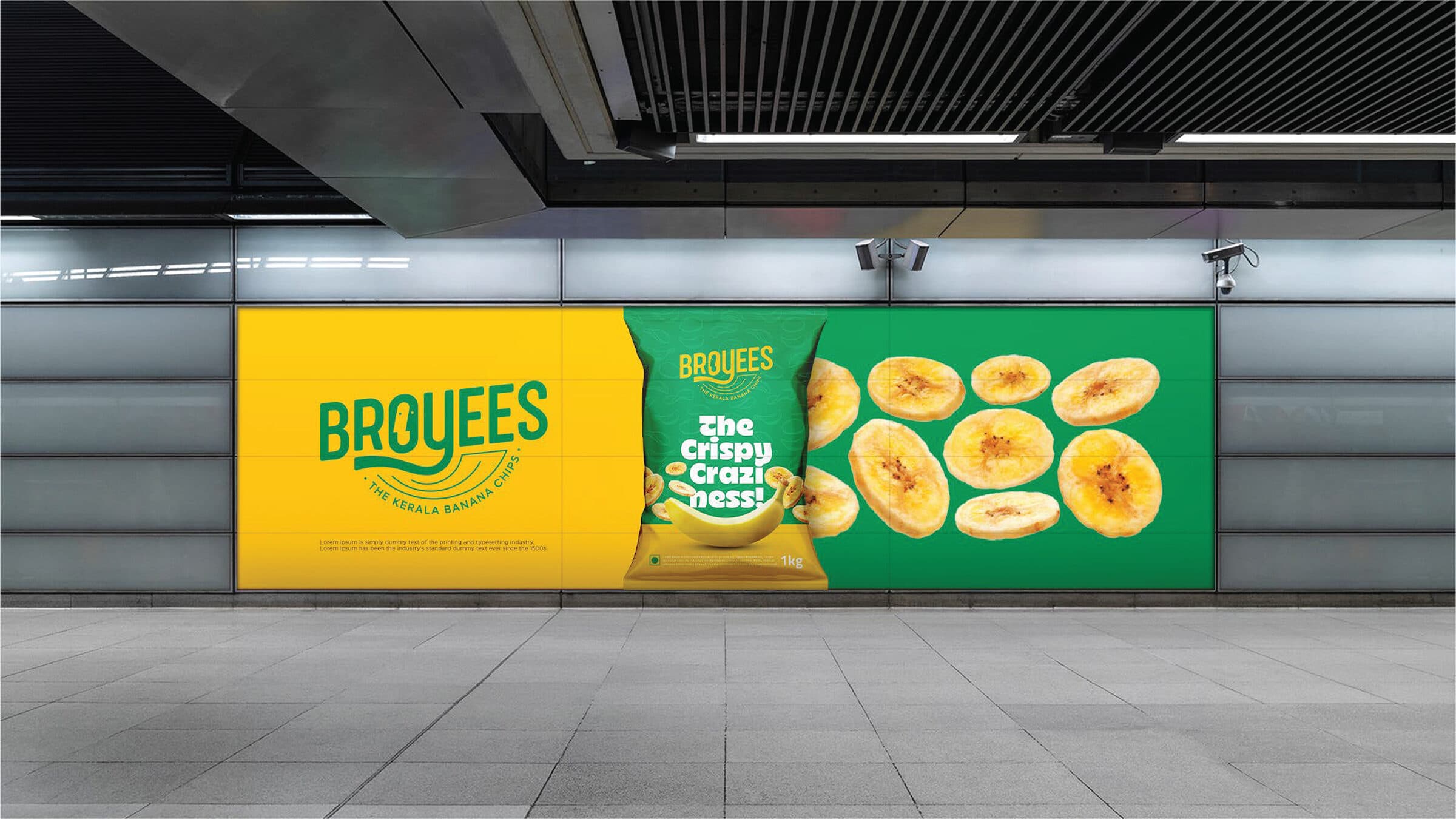 Broyees out-of-home advertisement on a metro station wall with packaging and banana chip slices