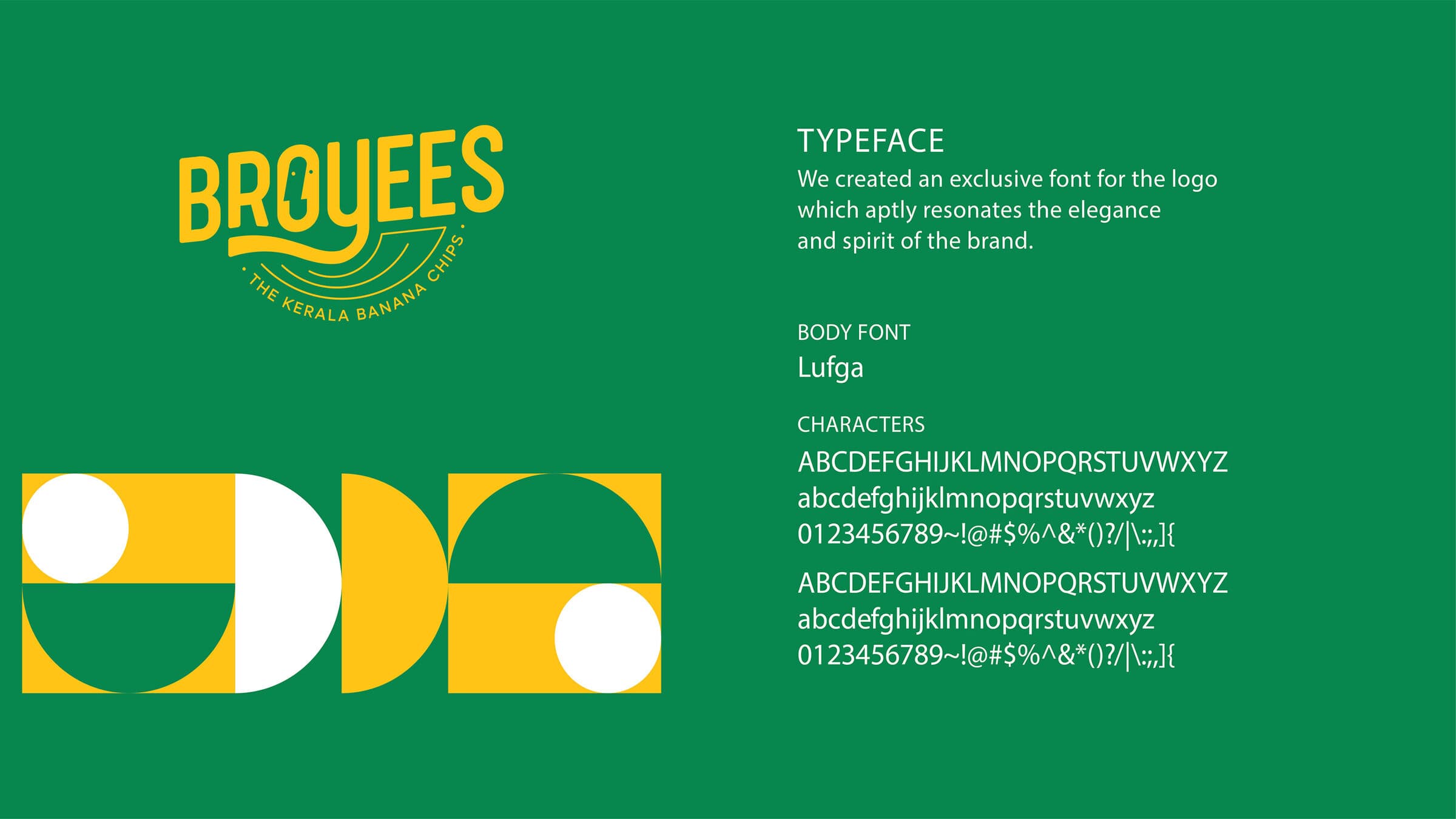 Broyees typography spec — custom logo lettering on green background with body font Lufga and full character set