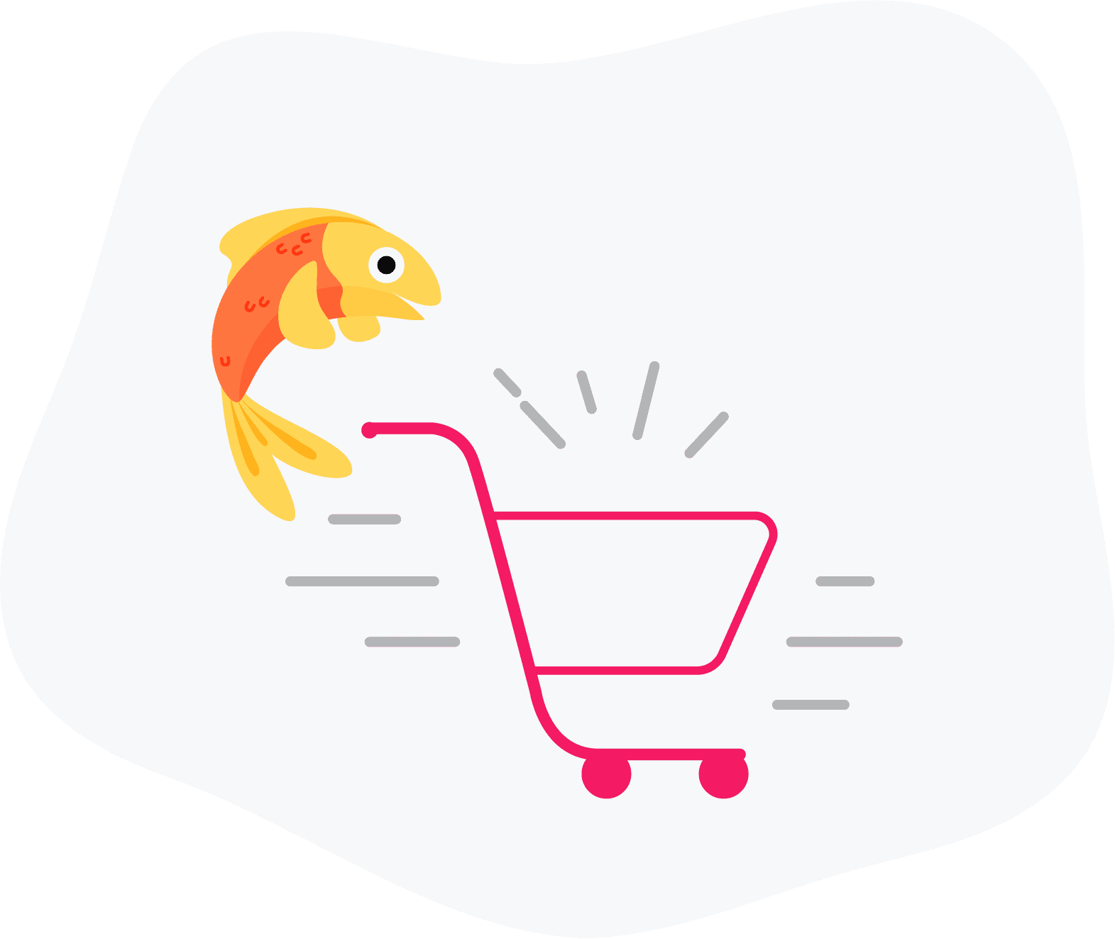 Frischy cart illustration — fish jumping into a shopping cart