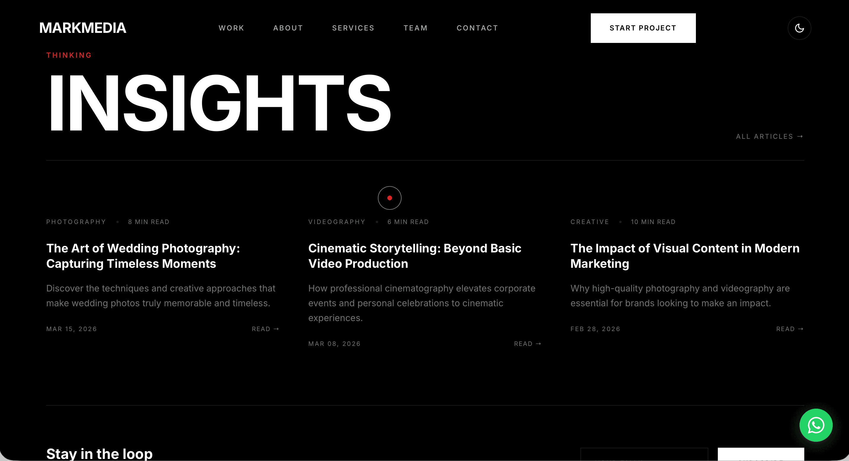 Mark Media homepage screenshot showing the visual storytelling opening