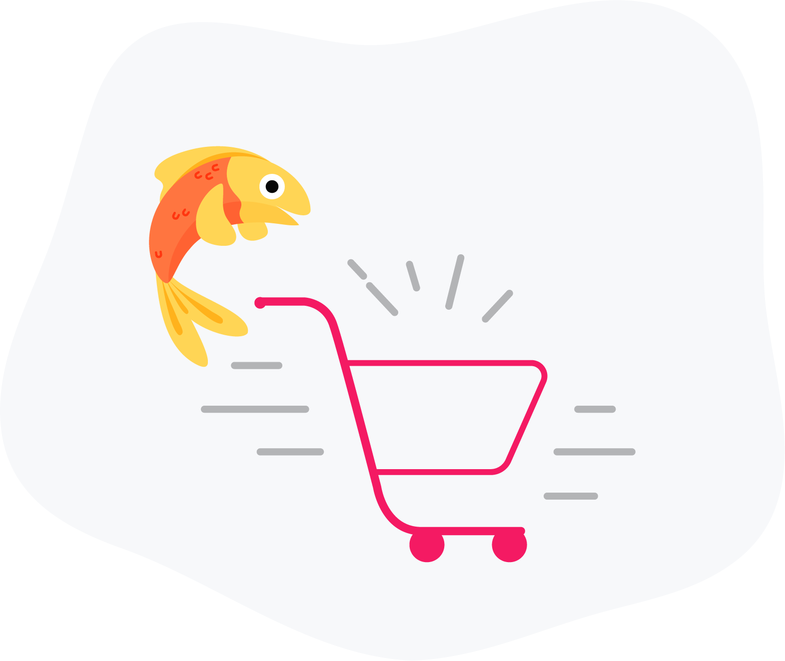 Frischy cart illustration — fish jumping into a shopping cart