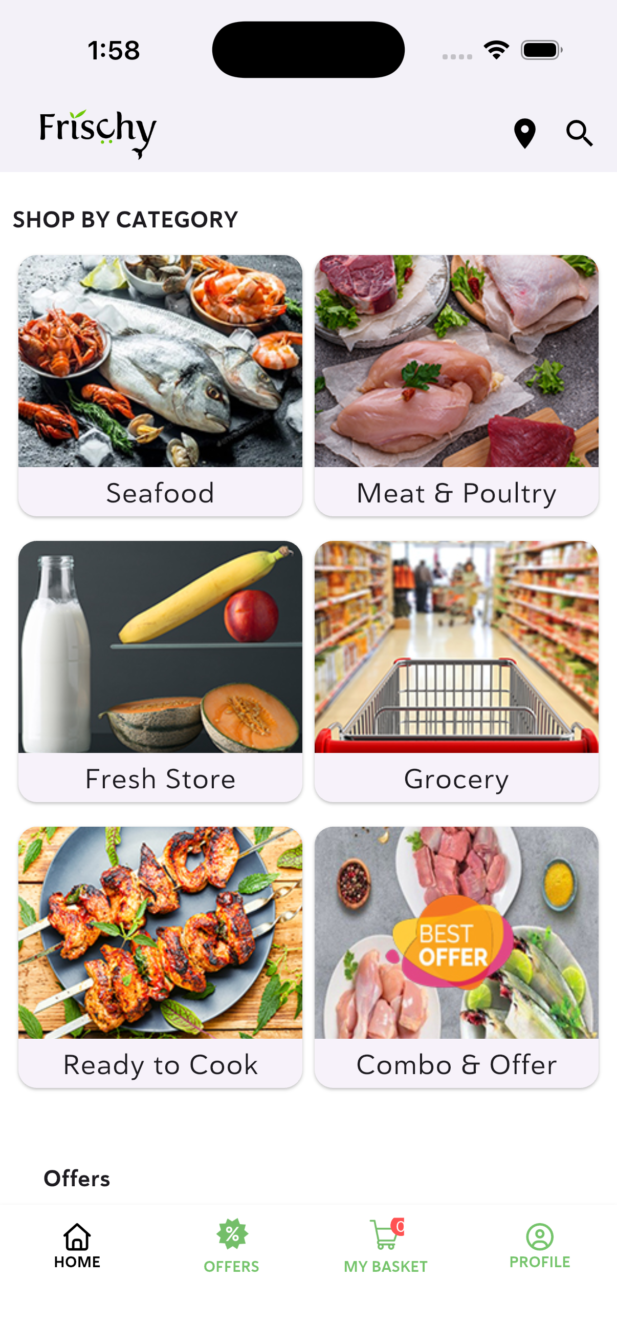 Frischy app home screen showing six product categories — Seafood, Meat & Poultry, Fresh Store, Grocery, Ready to Cook, and Combo & Offer